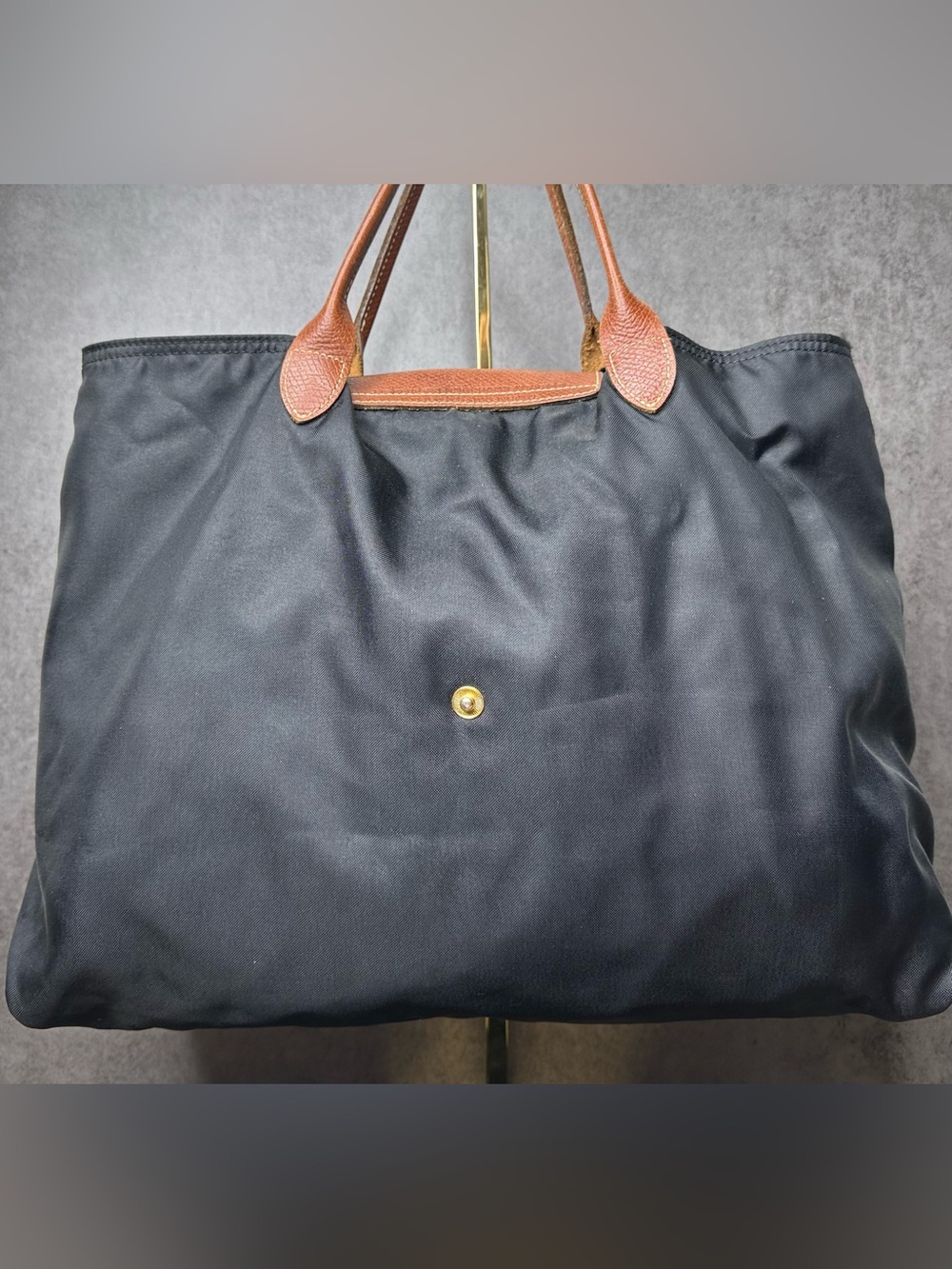 Longchamp Le Pliage Cabas Large Tote Bag Black Nylon Brown Leather France - Picture 5 of 7